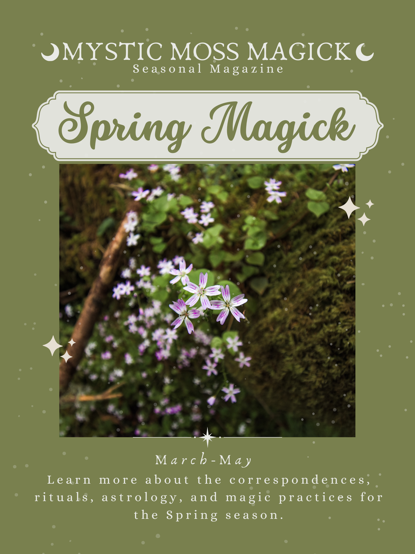 Open pages of Spring Magick Magazine showing Ostara rituals and seasonal spellwork.