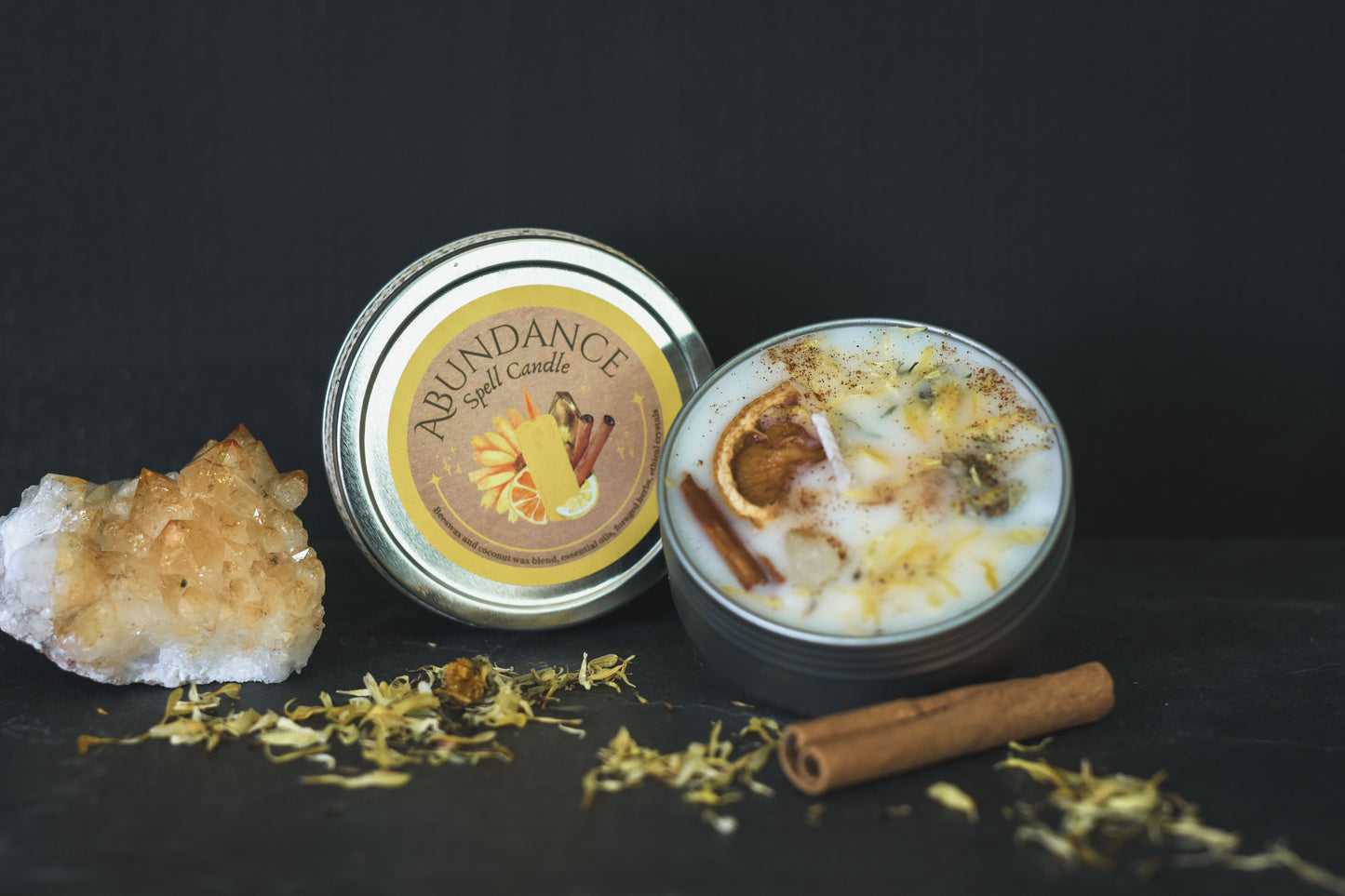 Handcrafted spell candle for ritual use, intention setting, and spiritual manifestation. abundance